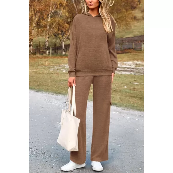 PRETTYGARDEN Womens 2 Piece Lounge Sets 2024 Fall Knitted Hoodie Pullover Tops Cargo Pants Matching Outfits TracksuitsCamel