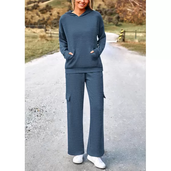 PRETTYGARDEN Womens 2 Piece Lounge Sets 2024 Fall Knitted Hoodie Pullover Tops Cargo Pants Matching Outfits TracksuitsDark Blue