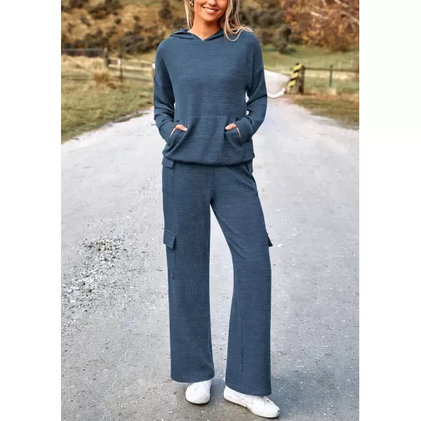 PRETTYGARDEN Womens 2 Piece Lounge Sets 2024 Fall Knitted Hoodie Pullover Tops Cargo Pants Matching Outfits TracksuitsDark Blue