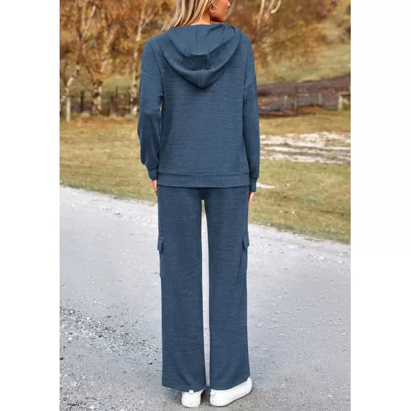 PRETTYGARDEN Womens 2 Piece Lounge Sets 2024 Fall Knitted Hoodie Pullover Tops Cargo Pants Matching Outfits TracksuitsDark Blue
