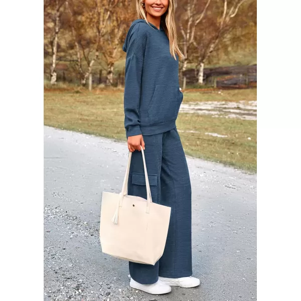 PRETTYGARDEN Womens 2 Piece Lounge Sets 2024 Fall Knitted Hoodie Pullover Tops Cargo Pants Matching Outfits TracksuitsDark Blue