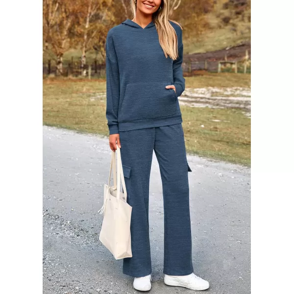 PRETTYGARDEN Womens 2 Piece Lounge Sets 2024 Fall Knitted Hoodie Pullover Tops Cargo Pants Matching Outfits TracksuitsDark Blue