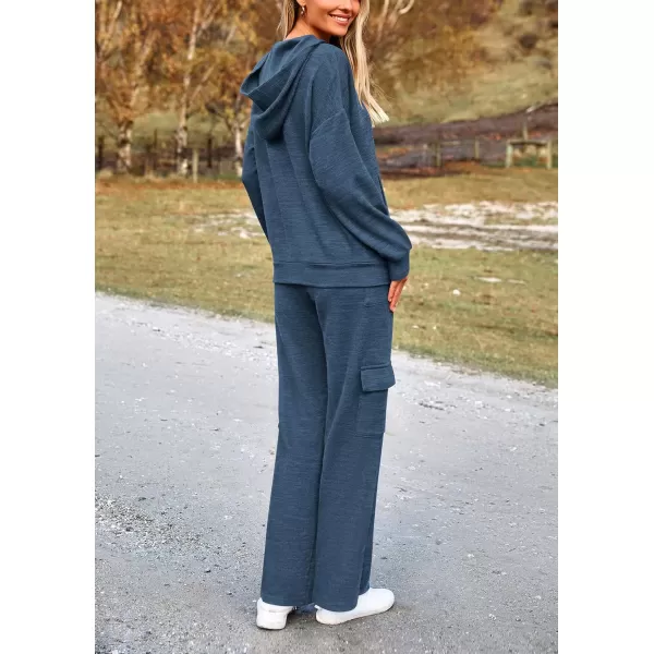 PRETTYGARDEN Womens 2 Piece Lounge Sets 2024 Fall Knitted Hoodie Pullover Tops Cargo Pants Matching Outfits TracksuitsDark Blue