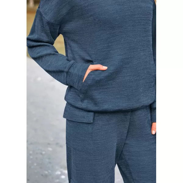 PRETTYGARDEN Womens 2 Piece Lounge Sets 2024 Fall Knitted Hoodie Pullover Tops Cargo Pants Matching Outfits TracksuitsDark Blue