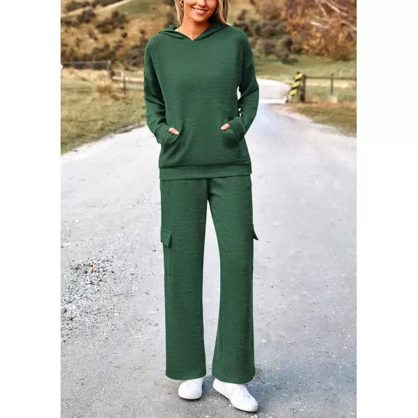 PRETTYGARDEN Womens 2 Piece Lounge Sets 2024 Fall Knitted Hoodie Pullover Tops Cargo Pants Matching Outfits TracksuitsGreen
