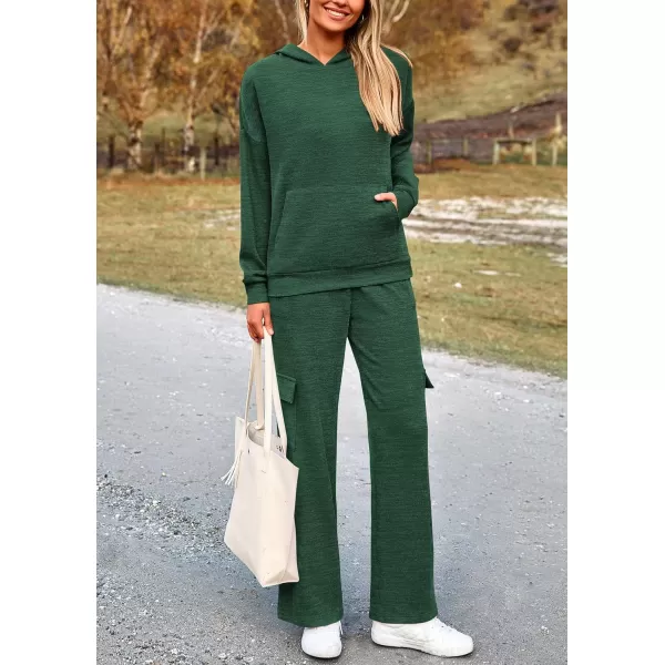 PRETTYGARDEN Womens 2 Piece Lounge Sets 2024 Fall Knitted Hoodie Pullover Tops Cargo Pants Matching Outfits TracksuitsGreen