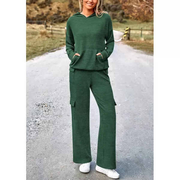 PRETTYGARDEN Womens 2 Piece Lounge Sets 2024 Fall Knitted Hoodie Pullover Tops Cargo Pants Matching Outfits TracksuitsGreen