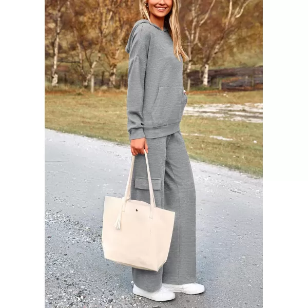 PRETTYGARDEN Womens 2 Piece Lounge Sets 2024 Fall Knitted Hoodie Pullover Tops Cargo Pants Matching Outfits TracksuitsGrey