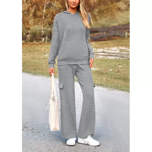 PRETTYGARDEN Womens 2 Piece Lounge Sets 2024 Fall Knitted Hoodie Pullover Tops Cargo Pants Matching Outfits TracksuitsGrey