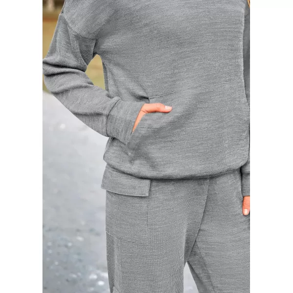 PRETTYGARDEN Womens 2 Piece Lounge Sets 2024 Fall Knitted Hoodie Pullover Tops Cargo Pants Matching Outfits TracksuitsGrey