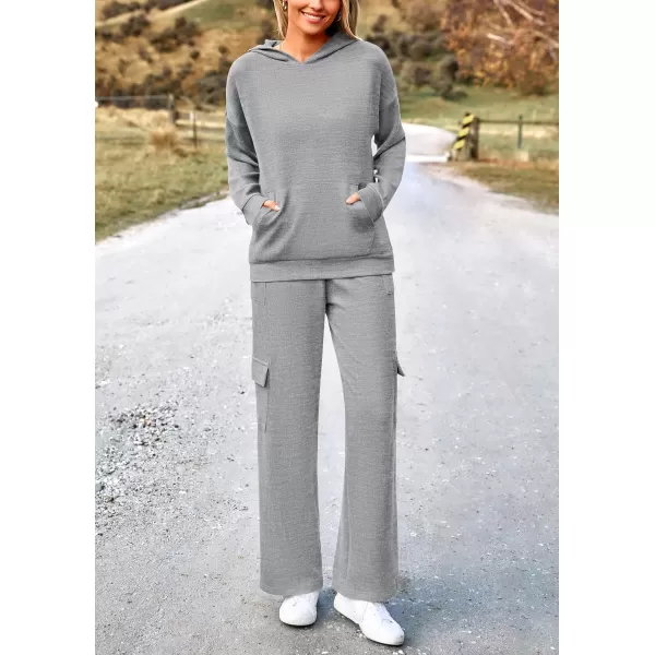 PRETTYGARDEN Womens 2 Piece Lounge Sets 2024 Fall Knitted Hoodie Pullover Tops Cargo Pants Matching Outfits TracksuitsGrey