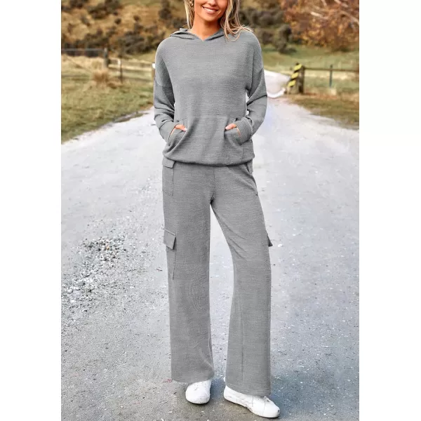 PRETTYGARDEN Womens 2 Piece Lounge Sets 2024 Fall Knitted Hoodie Pullover Tops Cargo Pants Matching Outfits TracksuitsGrey