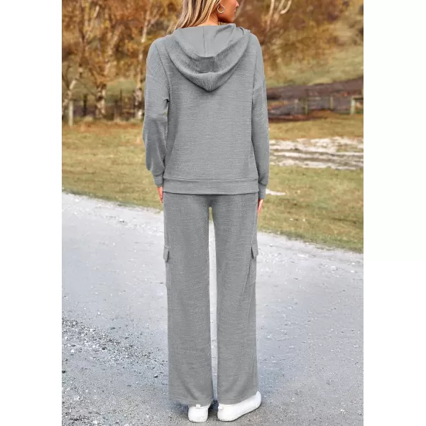 PRETTYGARDEN Womens 2 Piece Lounge Sets 2024 Fall Knitted Hoodie Pullover Tops Cargo Pants Matching Outfits TracksuitsGrey