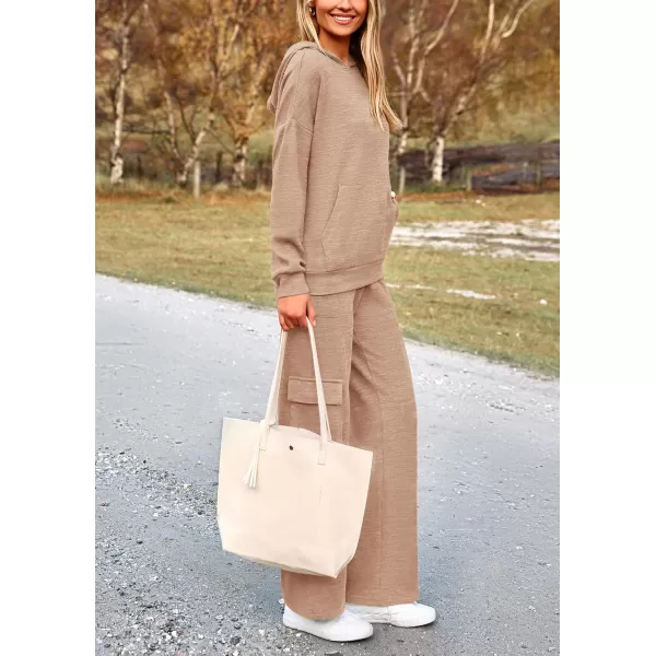 PRETTYGARDEN Womens 2 Piece Lounge Sets 2024 Fall Knitted Hoodie Pullover Tops Cargo Pants Matching Outfits TracksuitsLight Khaki