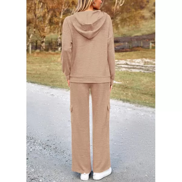 PRETTYGARDEN Womens 2 Piece Lounge Sets 2024 Fall Knitted Hoodie Pullover Tops Cargo Pants Matching Outfits TracksuitsLight Khaki
