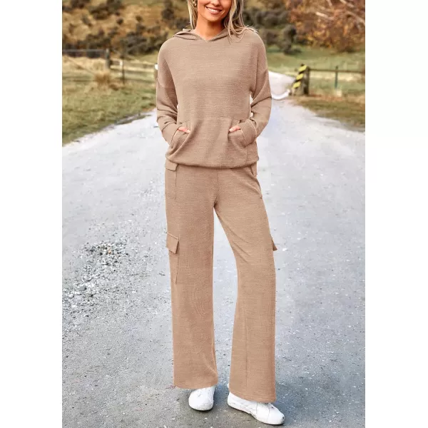 PRETTYGARDEN Womens 2 Piece Lounge Sets 2024 Fall Knitted Hoodie Pullover Tops Cargo Pants Matching Outfits TracksuitsLight Khaki