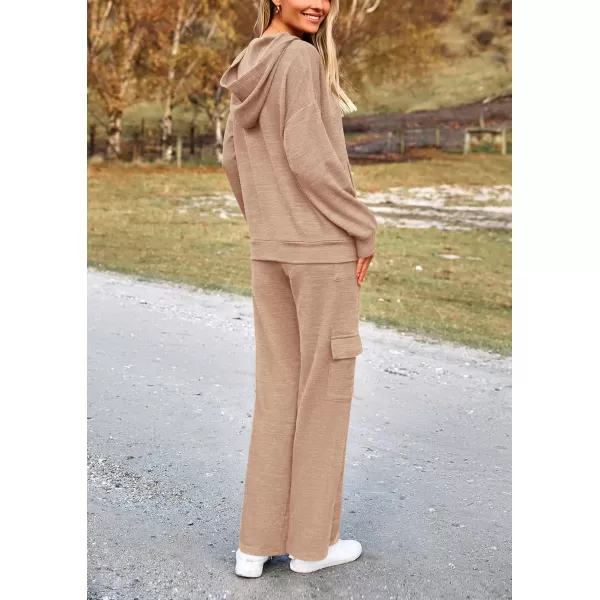 PRETTYGARDEN Womens 2 Piece Lounge Sets 2024 Fall Knitted Hoodie Pullover Tops Cargo Pants Matching Outfits TracksuitsLight Khaki