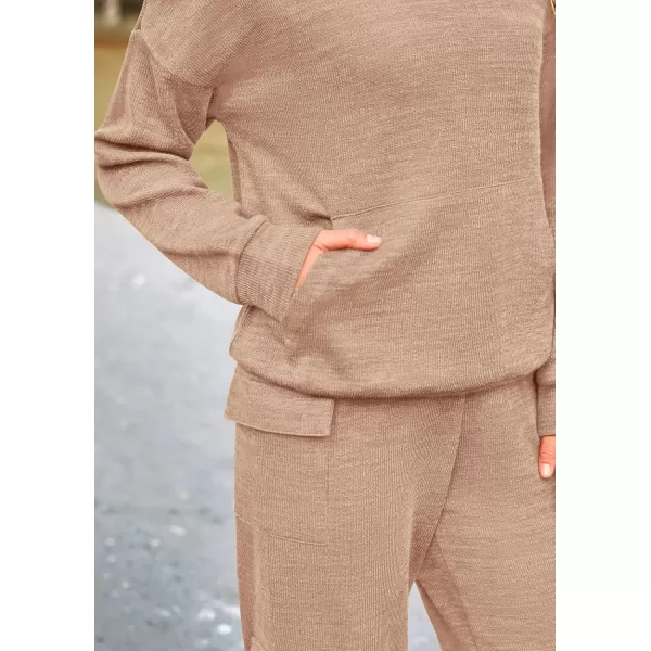 PRETTYGARDEN Womens 2 Piece Lounge Sets 2024 Fall Knitted Hoodie Pullover Tops Cargo Pants Matching Outfits TracksuitsLight Khaki