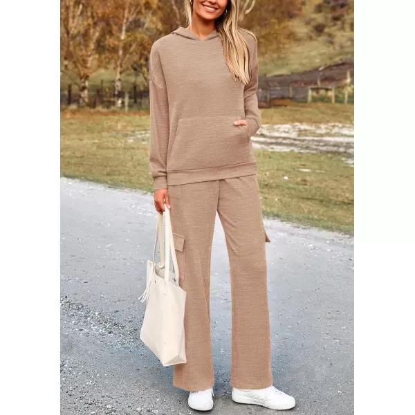 PRETTYGARDEN Womens 2 Piece Lounge Sets 2024 Fall Knitted Hoodie Pullover Tops Cargo Pants Matching Outfits TracksuitsLight Khaki