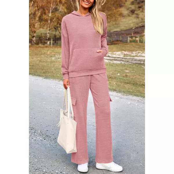 PRETTYGARDEN Womens 2 Piece Lounge Sets 2024 Fall Knitted Hoodie Pullover Tops Cargo Pants Matching Outfits TracksuitsLight Pink
