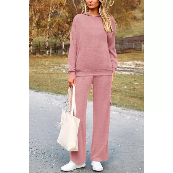 PRETTYGARDEN Womens 2 Piece Lounge Sets 2024 Fall Knitted Hoodie Pullover Tops Cargo Pants Matching Outfits TracksuitsLight Pink