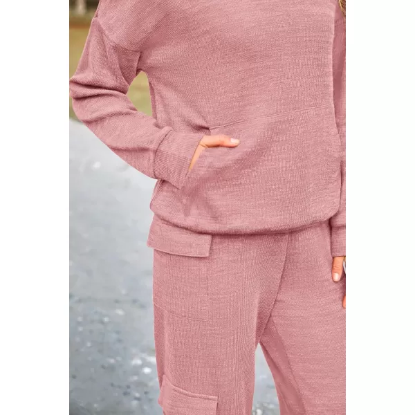 PRETTYGARDEN Womens 2 Piece Lounge Sets 2024 Fall Knitted Hoodie Pullover Tops Cargo Pants Matching Outfits TracksuitsLight Pink