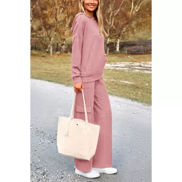 PRETTYGARDEN Womens 2 Piece Lounge Sets 2024 Fall Knitted Hoodie Pullover Tops Cargo Pants Matching Outfits TracksuitsLight Pink