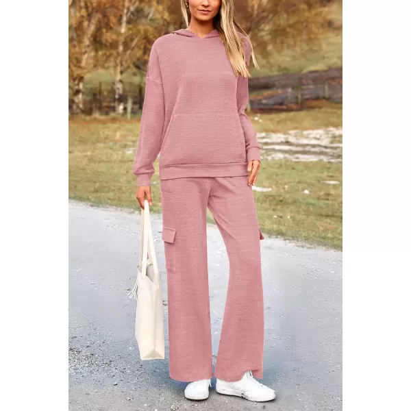 PRETTYGARDEN Womens 2 Piece Lounge Sets 2024 Fall Knitted Hoodie Pullover Tops Cargo Pants Matching Outfits TracksuitsLight Pink