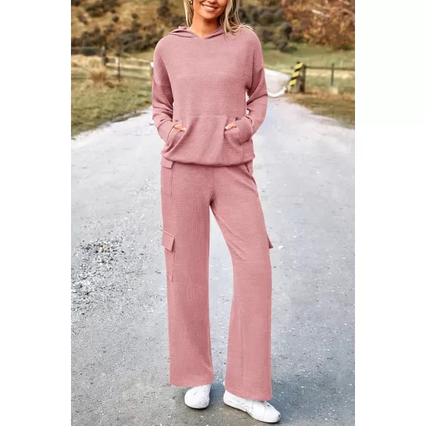 PRETTYGARDEN Womens 2 Piece Lounge Sets 2024 Fall Knitted Hoodie Pullover Tops Cargo Pants Matching Outfits TracksuitsLight Pink