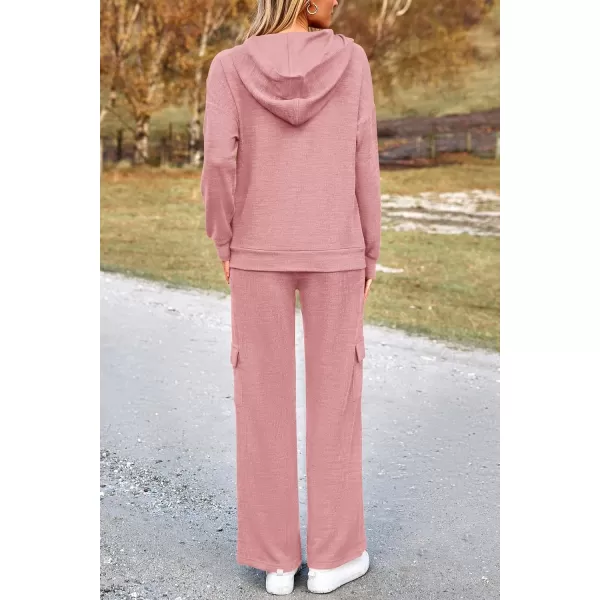PRETTYGARDEN Womens 2 Piece Lounge Sets 2024 Fall Knitted Hoodie Pullover Tops Cargo Pants Matching Outfits TracksuitsLight Pink