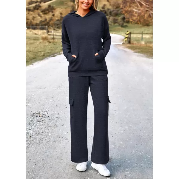 PRETTYGARDEN Womens 2 Piece Lounge Sets 2024 Fall Knitted Hoodie Pullover Tops Cargo Pants Matching Outfits TracksuitsNavy