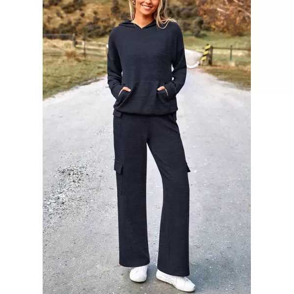 PRETTYGARDEN Womens 2 Piece Lounge Sets 2024 Fall Knitted Hoodie Pullover Tops Cargo Pants Matching Outfits TracksuitsNavy