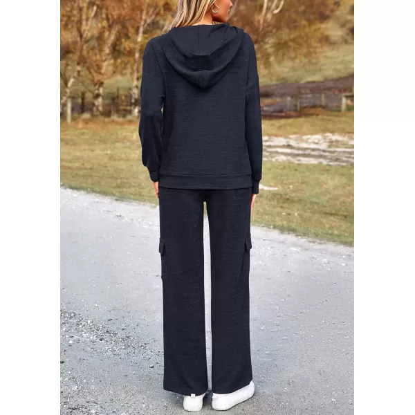 PRETTYGARDEN Womens 2 Piece Lounge Sets 2024 Fall Knitted Hoodie Pullover Tops Cargo Pants Matching Outfits TracksuitsNavy