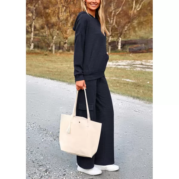 PRETTYGARDEN Womens 2 Piece Lounge Sets 2024 Fall Knitted Hoodie Pullover Tops Cargo Pants Matching Outfits TracksuitsNavy