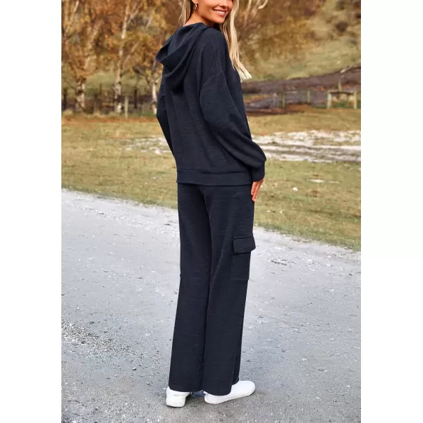 PRETTYGARDEN Womens 2 Piece Lounge Sets 2024 Fall Knitted Hoodie Pullover Tops Cargo Pants Matching Outfits TracksuitsNavy
