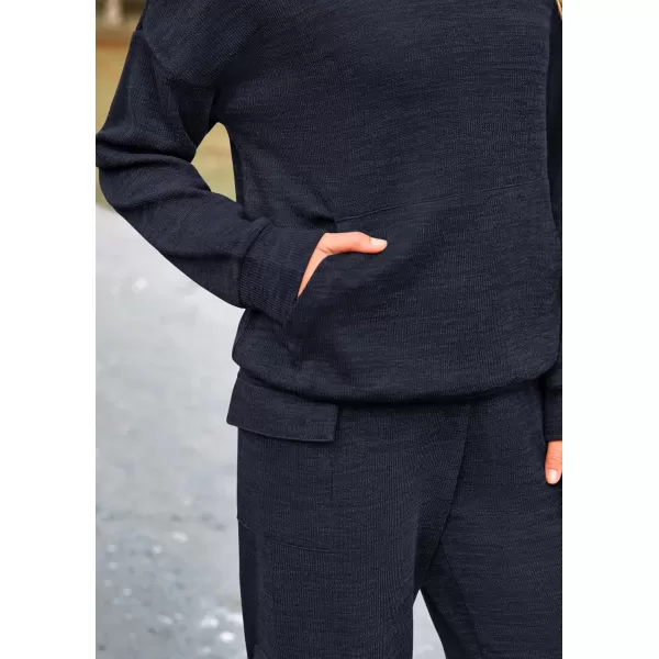 PRETTYGARDEN Womens 2 Piece Lounge Sets 2024 Fall Knitted Hoodie Pullover Tops Cargo Pants Matching Outfits TracksuitsNavy