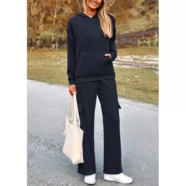 PRETTYGARDEN Womens 2 Piece Lounge Sets 2024 Fall Knitted Hoodie Pullover Tops Cargo Pants Matching Outfits TracksuitsNavy