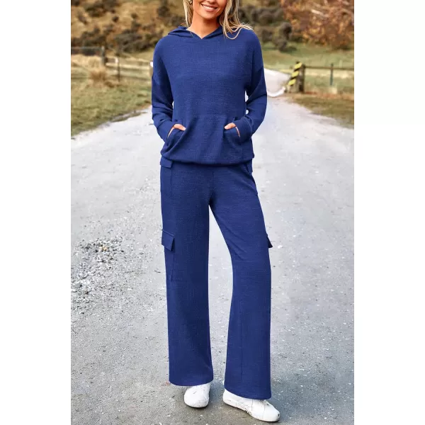 PRETTYGARDEN Womens 2 Piece Lounge Sets 2024 Fall Knitted Hoodie Pullover Tops Cargo Pants Matching Outfits TracksuitsRoyal Blue