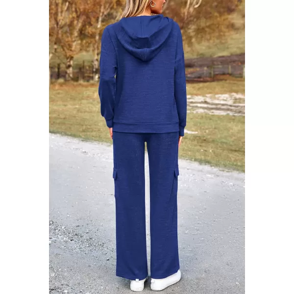 PRETTYGARDEN Womens 2 Piece Lounge Sets 2024 Fall Knitted Hoodie Pullover Tops Cargo Pants Matching Outfits TracksuitsRoyal Blue