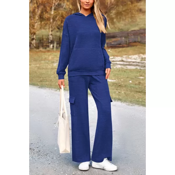 PRETTYGARDEN Womens 2 Piece Lounge Sets 2024 Fall Knitted Hoodie Pullover Tops Cargo Pants Matching Outfits TracksuitsRoyal Blue