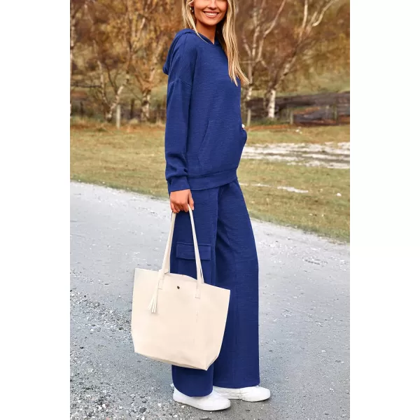 PRETTYGARDEN Womens 2 Piece Lounge Sets 2024 Fall Knitted Hoodie Pullover Tops Cargo Pants Matching Outfits TracksuitsRoyal Blue