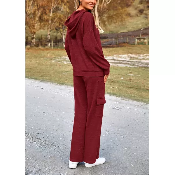 PRETTYGARDEN Womens 2 Piece Lounge Sets 2024 Fall Knitted Hoodie Pullover Tops Cargo Pants Matching Outfits TracksuitsWine Red