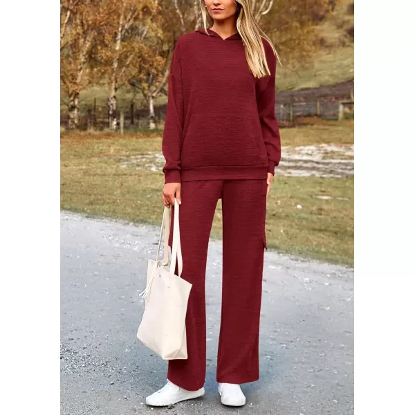 PRETTYGARDEN Womens 2 Piece Lounge Sets 2024 Fall Knitted Hoodie Pullover Tops Cargo Pants Matching Outfits TracksuitsWine Red