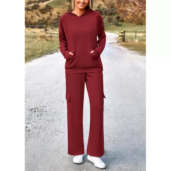 PRETTYGARDEN Womens 2 Piece Lounge Sets 2024 Fall Knitted Hoodie Pullover Tops Cargo Pants Matching Outfits TracksuitsWine Red