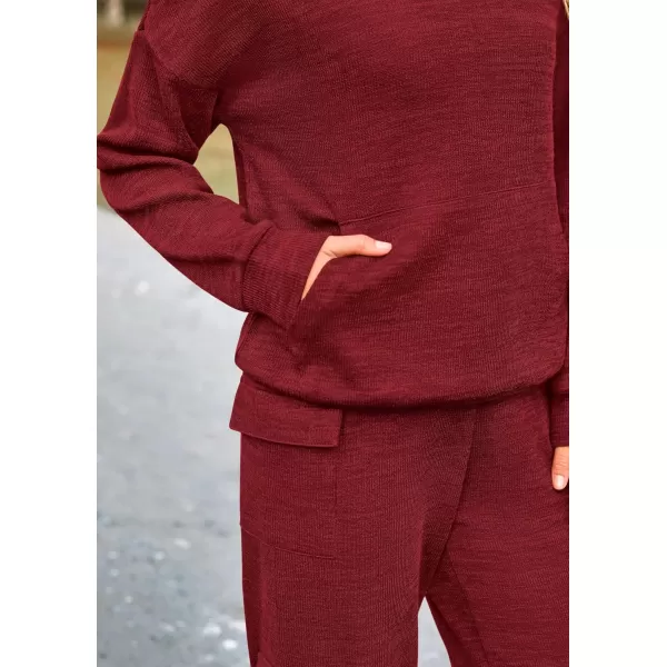 PRETTYGARDEN Womens 2 Piece Lounge Sets 2024 Fall Knitted Hoodie Pullover Tops Cargo Pants Matching Outfits TracksuitsWine Red