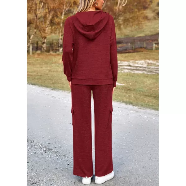 PRETTYGARDEN Womens 2 Piece Lounge Sets 2024 Fall Knitted Hoodie Pullover Tops Cargo Pants Matching Outfits TracksuitsWine Red