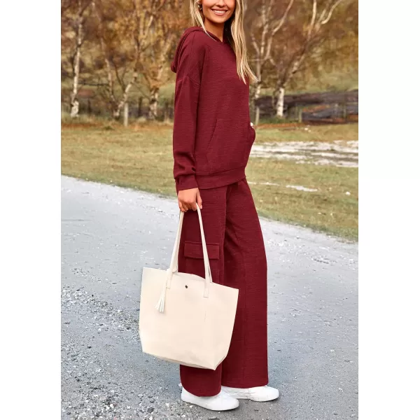 PRETTYGARDEN Womens 2 Piece Lounge Sets 2024 Fall Knitted Hoodie Pullover Tops Cargo Pants Matching Outfits TracksuitsWine Red