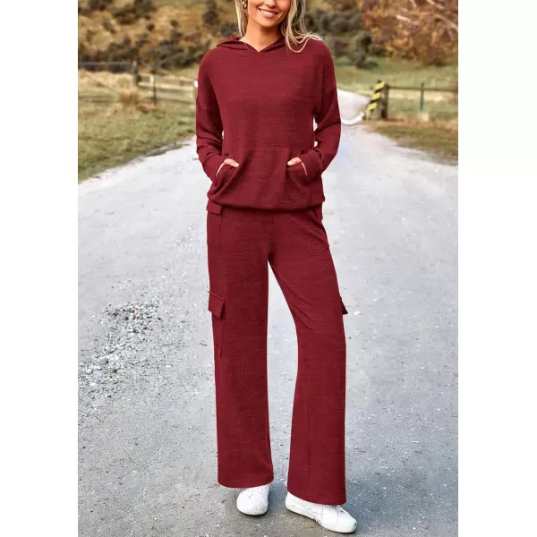 PRETTYGARDEN Womens 2 Piece Lounge Sets 2024 Fall Knitted Hoodie Pullover Tops Cargo Pants Matching Outfits TracksuitsWine Red