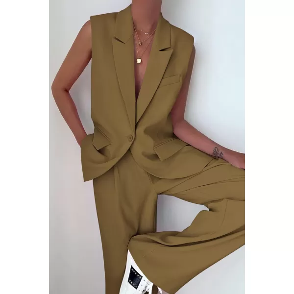 PRETTYGARDEN Womens 2 Piece Outfits Sleeveless Suit Vest and Wide Leg Pants Business Casual Blazer SetsArmy Green