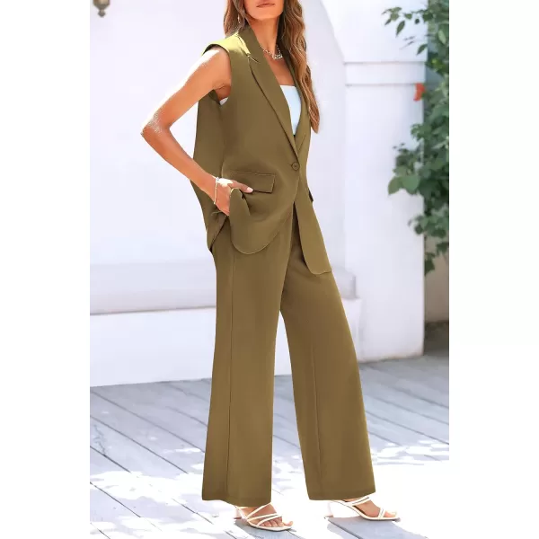 PRETTYGARDEN Womens 2 Piece Outfits Sleeveless Suit Vest and Wide Leg Pants Business Casual Blazer SetsArmy Green